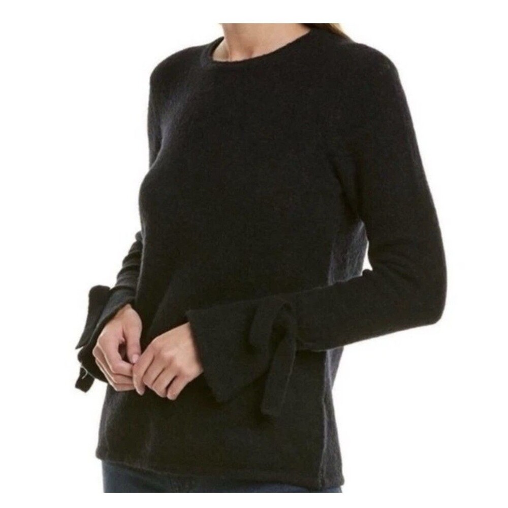 J McLaughlin Bow Sleeve Fuzzy Wool Alpaca Sweater Medium Black Cozy Cute Fall